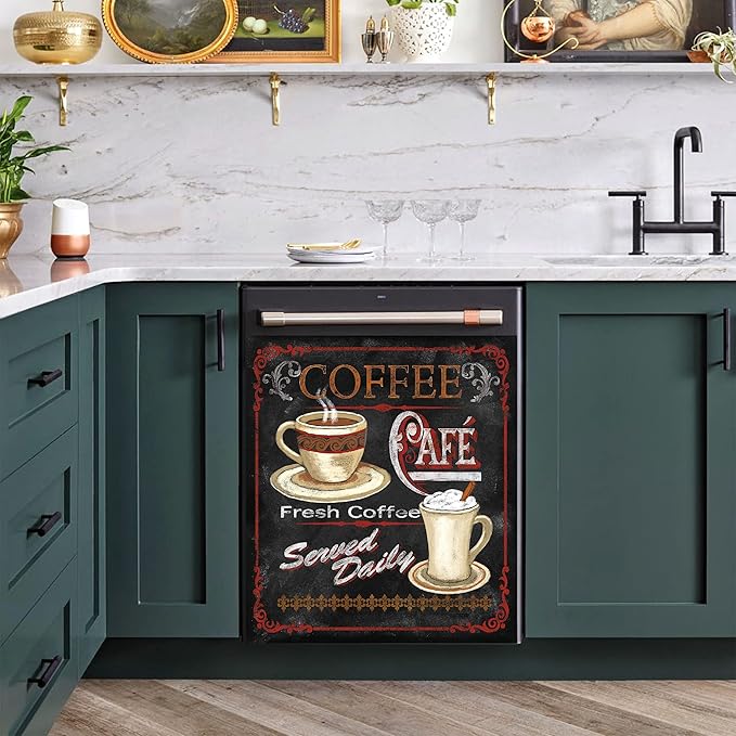 Yosa Black Dishwasher Cover Sticker Morning Coffee Decor Kitchen Refrigerator Magnet Home Coffee Tea Dishwasher Washer Panel Decal, 23x26inch( Magnetic )