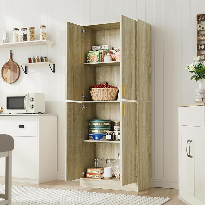 Cozy Castle Kitchen Pantry Cabinet, 71" Tall Wood Storage Cabinet with Doors and Shelves 4 Doors Freestanding Cupboard for Dining Room Living Room Bathroom Furniture, Whitewashed Oak