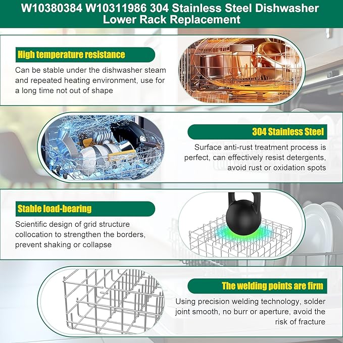 Upgraded 304 Stainless Steel W10311986 W10380384 Dishwasher Lower Rack Replacement for Whirlpool Dishwasher Bottom Rack 300563, DU911PCDQO with WP3376961 Wheels