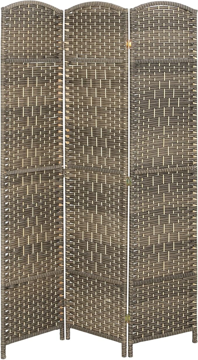 HOMCOM 3 Panel Room Divider, 6' Tall Folding Privacy Screen, Woven Freestanding Wall Partition for Home Office, Bedroom, Dark Rustic Oak