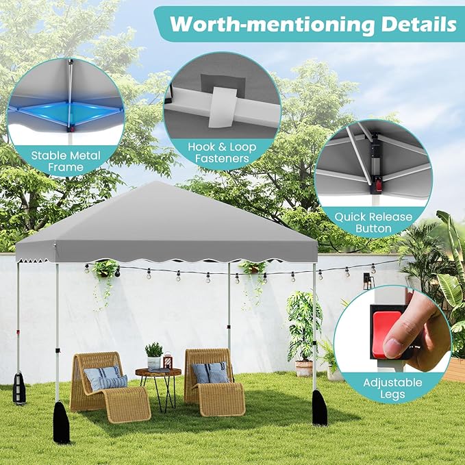 Tangkula 10x10 FT Pop Up Canopy, UPF50+ Easy Set up Instant Tent with Wheeled Bag, 8 Stakes, 4 Anchors, 4 Wind Ropes, 4 Sandbags, Heavy Duty Outdoor Canopy Tent 10x10 for Patio Party Backyard (Gray)