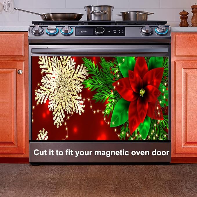 ALAZA Dishwasher Magnet Cover Panel for The Front,Christmas Red Poinsettia Snowflakes Magnetic Covers Sticker Decal Washing Machine Decorative Home Season Decor,26x23