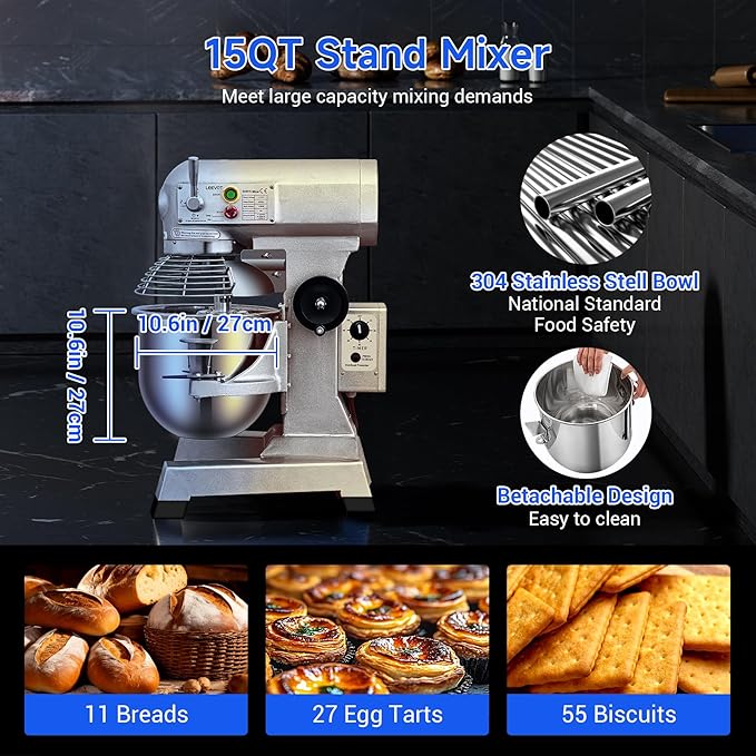 Commercial Food Mixer 15 Qt with Timing Function,600W Commercial mixers 3 Speed Adjustable,Electric Stand Commercial Dough Mixer with Stainless Steel Bowl for Bakery Pizzeria