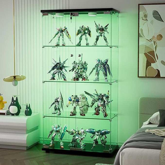 Yoluckea 4 Shelves Glass Display Cabinet with LED Light and 2 Doors,Floor Standing Clear Glass Curio Collection Display Cabinet for Living Room Bedroom 64.7” x 31.7” x 14.3” Black