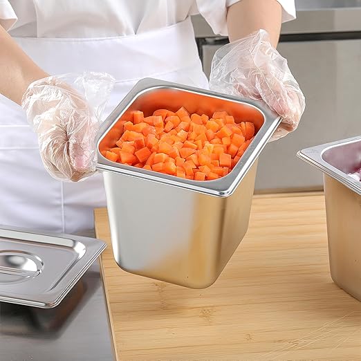 EGGKITPO1/6 Size 6 Inch Deep Stainless Steel Pans with Lid 6 Pack Steam Table Pan Commercial Hotel Pan for Salad Prep Table Metal Food Pans with Cover for Kitchen and High-Volume Restaurant Supplies