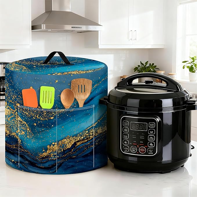 Kitchen Appliance Accessories Dust Cover for 3-6-8 Quart Instant Pot, Pressure Cooker, Air Fryer & Crock Pot,Decorative Appliance Cloth Cover with Top Handle & Storage Pockets (Deep Blue, 3 Quart)
