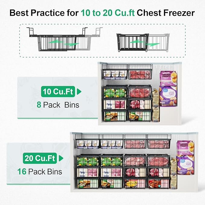 iSPECLE Deep Freezer Organizer Bins for 10 to 20 Cu.Ft, 3 Pack Stackable & Hanging Baskets, Expandable Metal Wire Storage System, Fits 17.5"-22.6" Width, Chest Freezer Only, Black