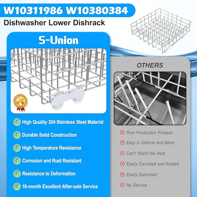 UPGRADED W10311986 W10380384 Dishwasher Lower Dishrack for Whirlpool Kenmore Dishwasher Rack Replacement Parts,304 Stainless Steel W10311986 W11158802 Whirlpool Dishwasher Rack with Wheel Bottom Rack