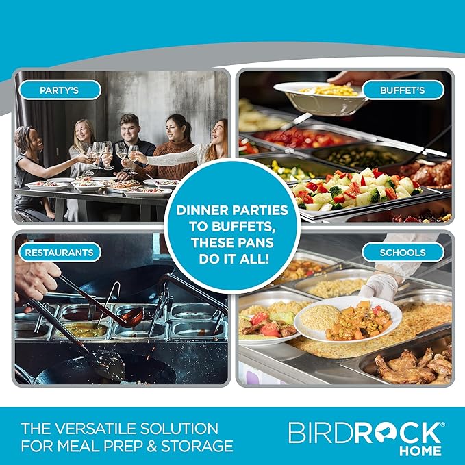 BIRDROCK HOME Stainless Steel Steam Table Pan Lids - Restaurant and Catering Supplies - 24 Gauge Steel - Perfect for Meal Prep, Cooking, and Food Storage Container - 6 Pack, Fits 1/3-Size Hotel Pans