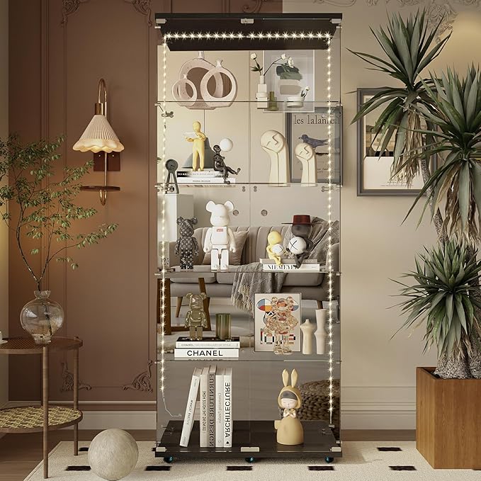 Yoluckea 5 Tiers Glass Display Cabinet with Bluetooth LED Light Strip, 2 Doors Floor Standing Curio Cabinet with Universal Wheel and Mirror Back Panel, Black Glass Bookshelf for Collections, Wood Top