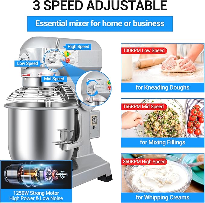 30 Qt 1250W Commercial Food Mixer, Commercial mixer 3 Speeds Adjustable Heavy Duty Stand Mixer with Stainless Steel Bowl for Bakery Pizzeria.