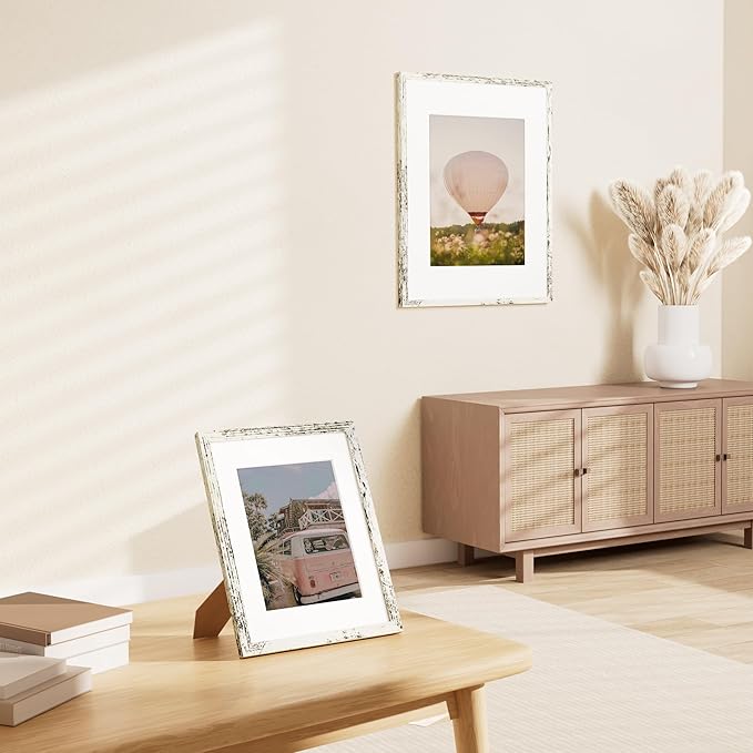 Vittanly 8.5x11 Picture Frame Set of 2, Solid Wood Frame for Wall or Tabletop, Display Photo 6x8 with Mat or 8.5x11 without Mat, Distressed White