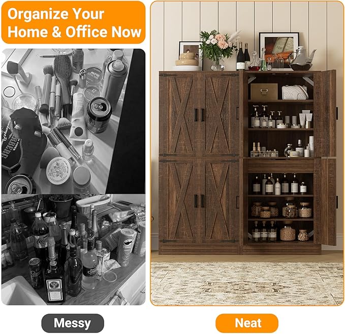 Unikito 71" Tall Kitchen Pantry Cabinet with Farmhouse Barn Doors and Storage Drawer, 8 Adjustable Shelves, Freestanding Cupboard for Dining Room, Living Room, Utility Room, Weathered Brown 2 Pack