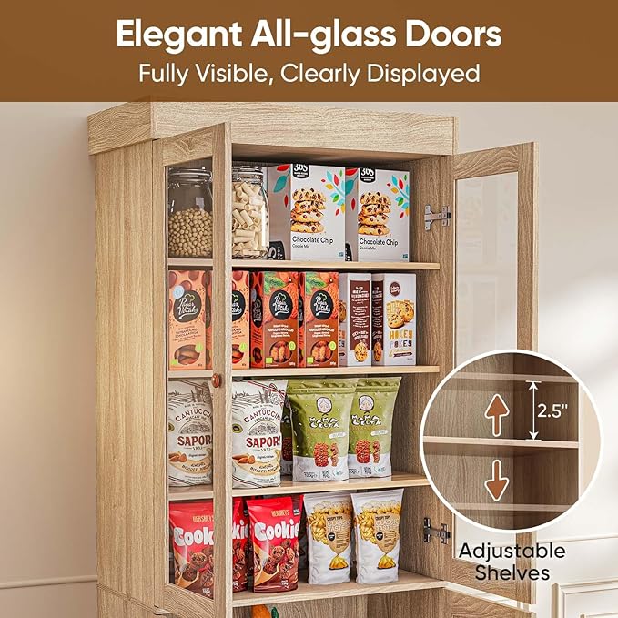 Vyre 71" Tall Farmhouse Kitchen Pantry, Set of 3 Large Storage Cabinets with Glass Doors & Adjustable Shelves, Versatile Wood Hutch for Living Room & Dining Room, Brown