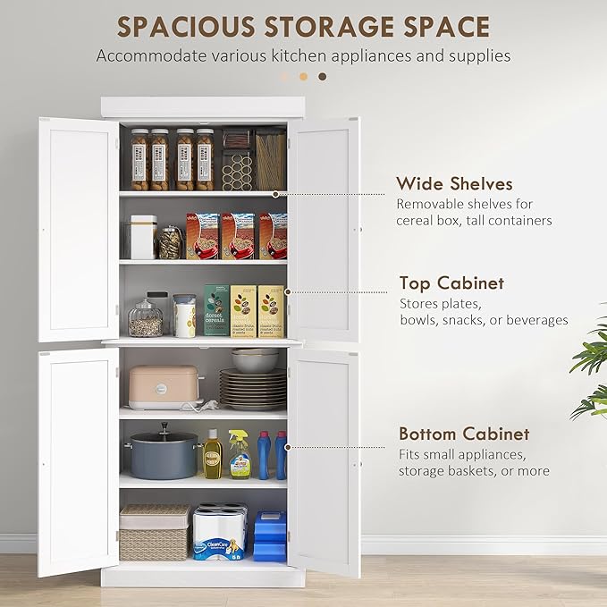HOMCOM 72.5" Tall Kitchen Pantry Cabinet, Freestanding Modern Farmhouse Kitchen Storage Cabinet with 4 Doors and 2 Adjustable Shelves for Dining Room, White