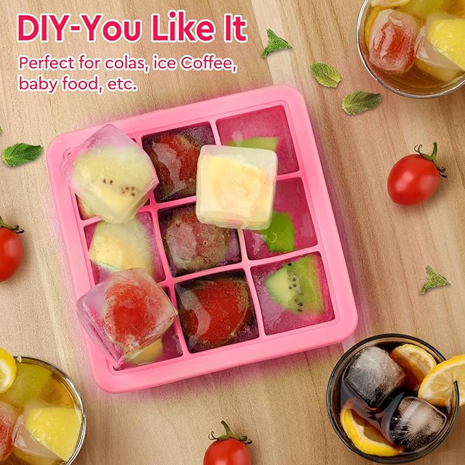 Silicone Ice Cube Tray with Lid,9x1.3 inch,Small Ice Cube Trays for Freezer | Mini Ice Cube Trays-Nugget Ice Tray with lid for Mini Fridge with Freezer for Coffee,Baby Food,Pink ice tray