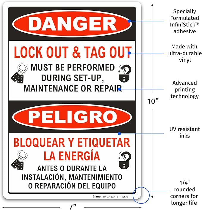 Brimar - 7 x 10" - Bilingual Danger Lock Out & Tag Out Sign - 3.5 Mil InfiniStick™ Vinyl Label - Clear Text And Symbol - Easy Installation