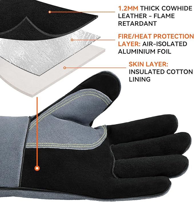 OZERO 932°F Heat Resistant Mig/Stick Welding Gloves 14 inches Cowhide Leather - Long Sleeve and Insulated Lining Barbecue Glove for Tig Welder/Grilling/Oven/Stove Black-gray