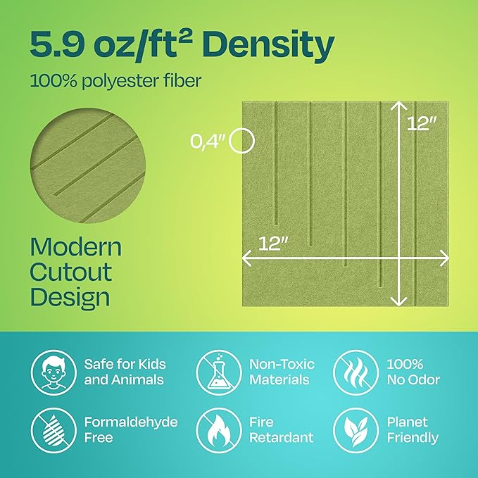 Acoustic Panels 12-Pack Soundproof Wall Panels 12"x12"x0.4" Decorative Sound Dampening for Your Home, Office, Studio, Bedroom & More with Unique LineWave Carving [Gin Green]