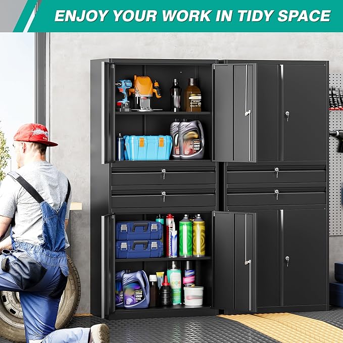 SISESOL Metal Storage Cabinet with Drawer and Locks,Black Garage Storage Cabinet with Locking Doors and Adjustable Shelves,71" Tall Large Metal Cabinets with Magnetic Door for Home,Office,Garage