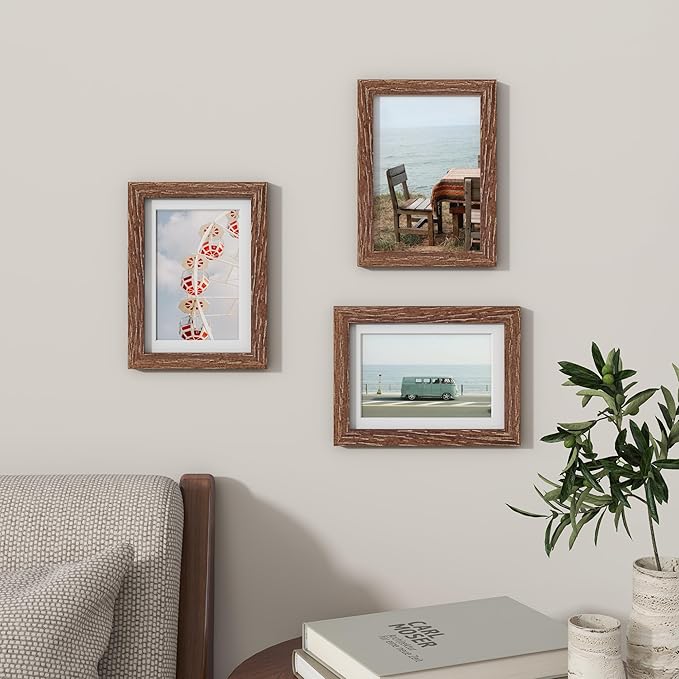 Fun Memories 5x7 Picture Frame, Solid Oak Wood 5 x 7 Frame with Plexiglass, 5 by 7 Photo Frame for Wall & Tabletop Display, 5x7 Picture Frame Matted to 4x6, Walnut Color, 3 Pack