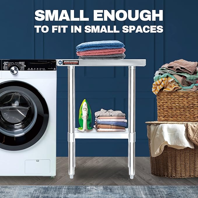 DuraSteel 24x12 Small Stainless Steel Table - NSF Metal Narrow Commercial Food Prep Side Worktable with Under Shelf - For Laundry Room, Kitchen, Outdoor Grill, Small Spaces