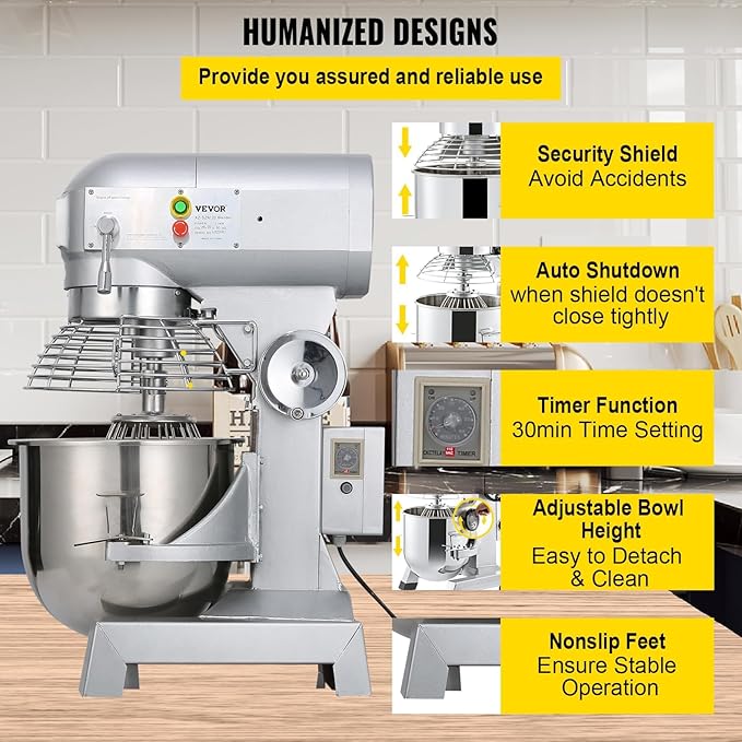 Happybuy 10Qt Commercial Food Mixer with Timing Function， Commercial Mixer 500W Stainless Steel Bowl Heavy Duty Electric Food Mixer Commercial with 3 Speeds Adjustable, Perfect for Bakery Pizzeria