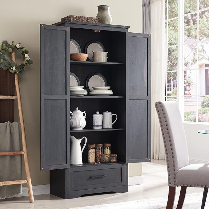 Farmhouse Kitchen Pantry Cabinet - 72" Tall Large Wood Kitchen Storage Cabinets with Adjustable Shelves & 2 Barn Doors & Drawer, Versatile Storage for Dining Room, Bathroom, Living Room, Antique Black | Large, Adjustable Shelves, 2 Barn Doors, Drawer, ...