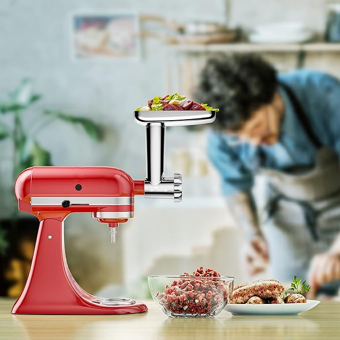 GVODE Stainless Steel Meat Grinder Attachment for KitchenAid Stand Mixer, Meat Grinder for KitchenAid Includes 4 Grinding Plates & 3 Sausage Tubes, Dishwasher-Safe Design with Sausage Stuffer Kit