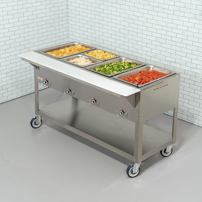 Kratos Commercial Mobile Electric Steam Table/Hot Food Table, 4 Wells, Stainless Steel, NSF 120V (28W-198)