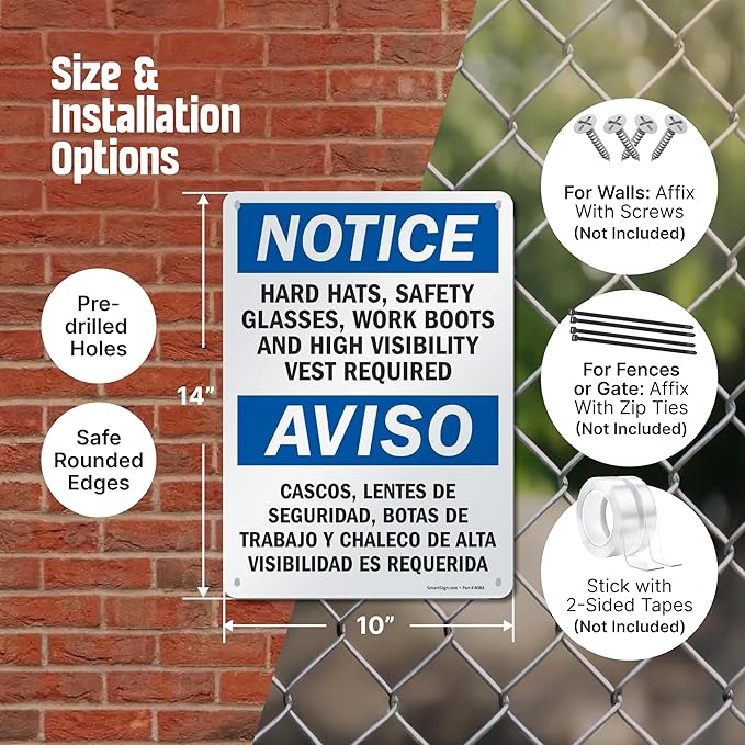 SmartSign - S-5992-AL-14 Notice - Hard Hats, Glasses, Boots, Vest Required Bilingual Sign By | 10" x 14" Aluminum