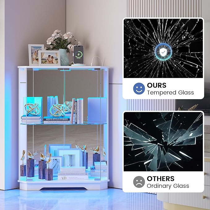 Corner Display Cabinet with Glass Doors, Small Display Case with 3-Color LED Lights and Charging Station, 2-Tier Curio Cabinet with Storage and Shelf, White