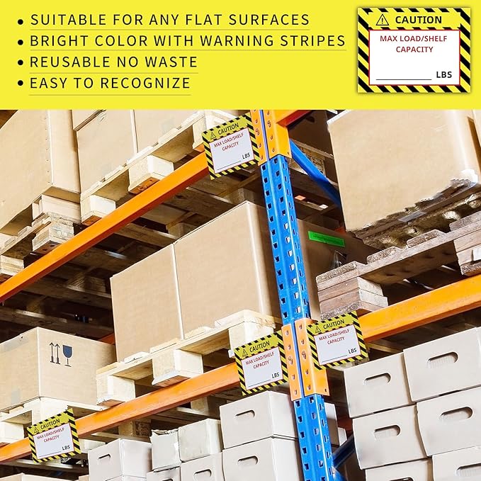 Zhanmai 200 Pcs Pallet Rack Capacity Labels 3 x 4 Inches Pallet Racking Caution Max Load Shelf LBS Warning Stickers Bright PVC Industrial Strength Sticker Warehouse Safety Forklift Cross Beam Safety