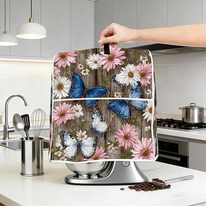 Stand mixer cover with handle and storage bag, reusable and washable, stylish retro floral design, keeps kitchen countertops clean and tidy (fits 6-8 quart mixers).