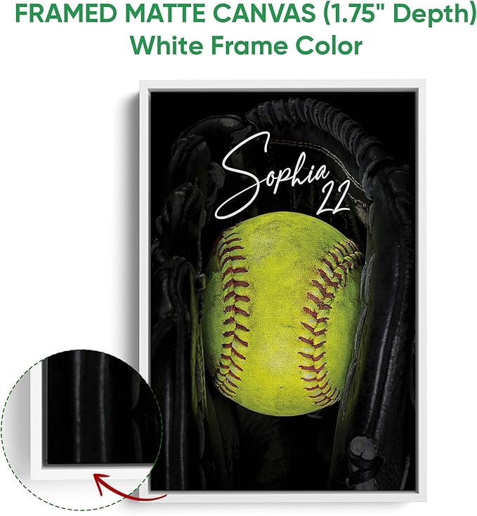 Custom Softball Ball Black Glove Sports Gift For Girls Players Personalized Name Number Poster & Framed Canvas, Wall Art Home Office Decoration Living Room Bedroom Aesthetic Decor
