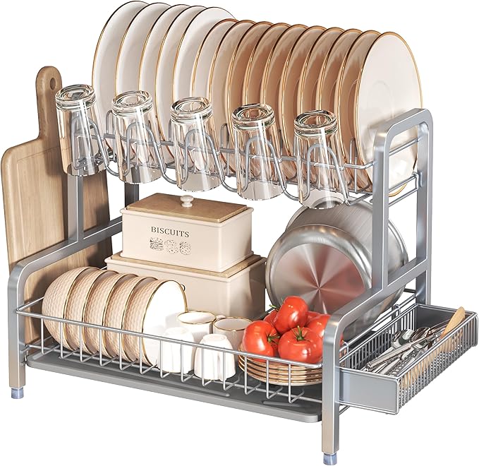 2 Tier Dish Drainers Drying Rack for Kitchen Counter Large Stainless Steel Dishes Drain with Drainboard, Space Saving, Big Modern Silver Countertop Metal Plates Dryer Strainer Holder and Extra Tray