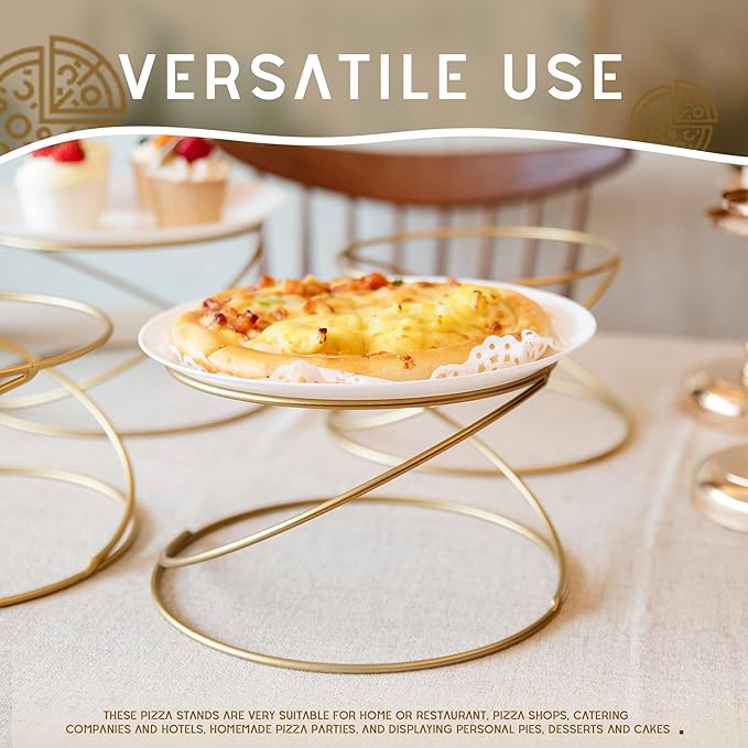 HPC DECOR Set of 4 Gold Yellow Metal Wire Pizza Pan Riser Stands- Round Pizza Tray Riser Rack - Tabletop Display Racks for Food Platter Tray- Metal Display Stands for Home, Restaurant and Party