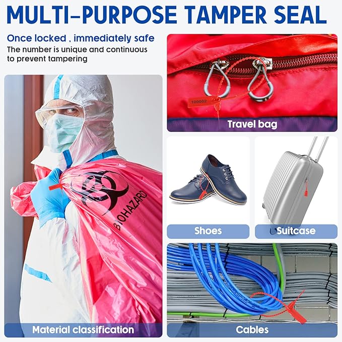 Roowest 2000 Pcs Plastic Tamper Seals Security Tags Seals Safety Numbered Zip Ties Fire Extinguisher Tamper Tags Disposable Self Locking Signage 250 mm Length(Red)