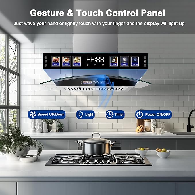 Island Range Hood 30 Inch 700 CFM Ceiling Mount Kitchen Vent Hood Tempered Glass with Color Gesture Sensing & Touch Control, 3 Speed Fan, 4 LED Lights, Permanent Filters