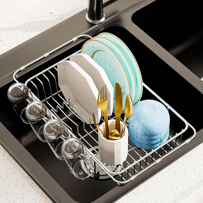 Dish Drying Rack in Sink Expandable Stainless Steel Kitchen Dish Drainer with 4 Cup Holders, Silver