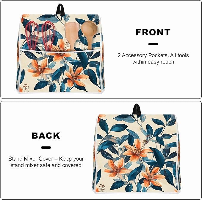 Stand mixer cover with handle and storage bag, reusable and washable, stylish retro floral design, keeps kitchen countertops clean and tidy (fits 6-8 quart mixers).