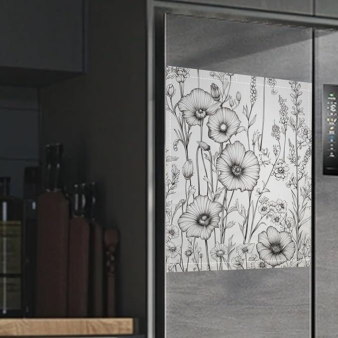 Black White Flowers Dishwasher Magnet Cover,Kitchen Decor Waterproof Refrigerator Magnet Appliance Cover Protector,23Wx26H Inches