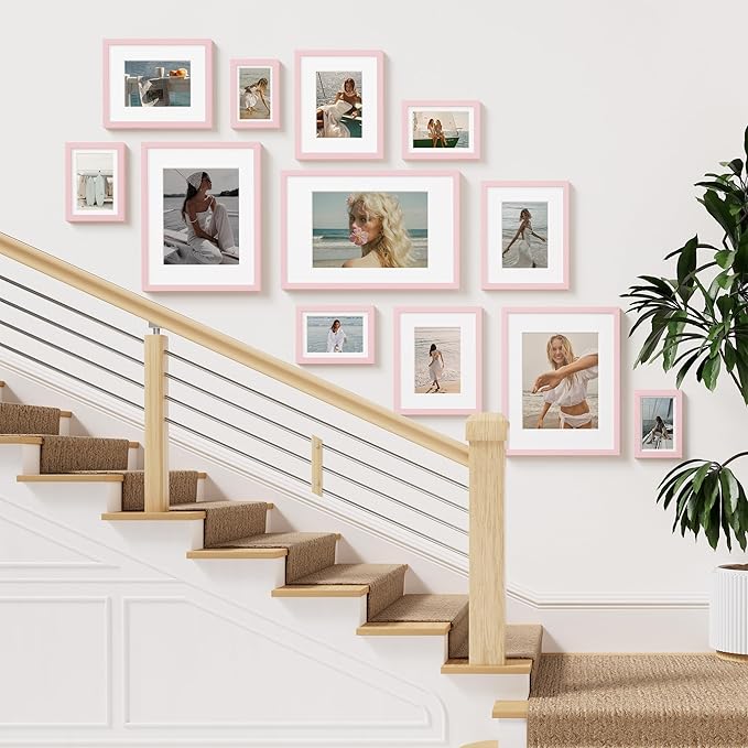 Vittanly 8x10 Picture Frame Set of 2, Solid Wood Frame for Wall or Tabletop, Display Photo 5x7 with Mat or 8x10 without Mat, Pale Pink