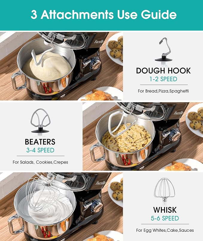 Facelle Stand Mixer, Electric Kitchen Mixer, 660W 6 Speed Tilt-Head stand mixer with Pulse, Attachments include 6.5QT Bowl, Dishwasher Safe Beater,Dough Hook,Whisk for Dough,Baking,Cakes,Cookie-Black