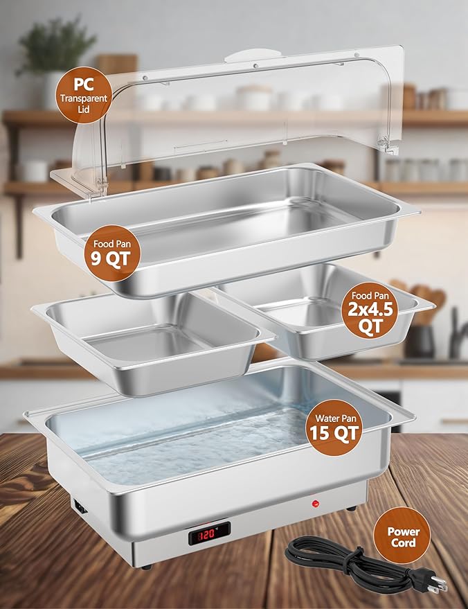Rectangular Chafing Dish Electric Buffet Set with Temperature Control, 9QT Stainless Steel Food Servers and Warmers with 1 Full-size Pan & 2 Half-size Pan for Catering Wedding and Parties
