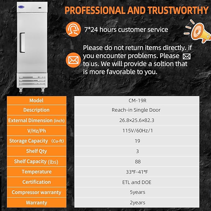 27" W Commercial Refrigerator Single Door 19 Cu.ft Commercial Fridge Fan cooling Stainless Steel Reach-in Refrigerator with Digital Thermostat for Restaurant, Bar, Commercial Use, etc