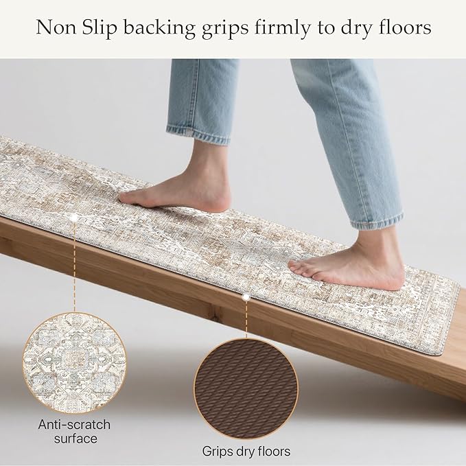 GENIMO Kitchen Mats for Floor, 2PCS Kitchen Rugs Non Slip Washable, Waterproof Anti Fatigue Mat, Comfort Standing Runner Rug for Sink, Office, Laundry, Home, 17.3"x59"+17.3"x30", Blue&Brown