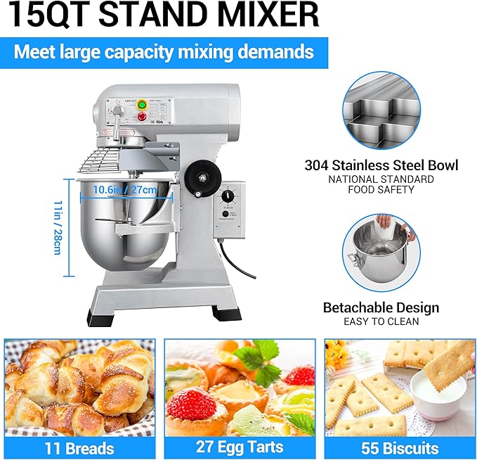 Commercial Mixer 15 QT by LEEVOT – Electric Food Mixers with Timing Function, Heavy Duty 3-Speed Dough Mixer for Baking, Pizza Dough, Bakery, Restaurant & Home Kitchen