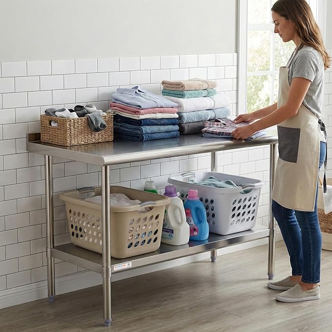 STABLEINK NSF Stainless Steel Prep and Work Table 24 x 60 Inches 5ft Heavy Duty Metal Table with Backsplash and Undershelf for Commercial Kitchen, Restaurant,Home, Laundry Room
