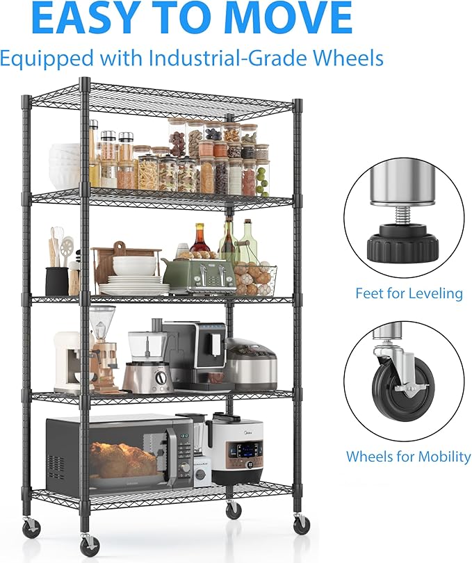 Homdox Heavy Duty Storage Shelves, 5 Tier Wire Shelving Unit with Wheels, Commercial Adjustable Metal Shelves for Storage, Garage Rack Pantry Shelves Kitchen Shelving, 18"x36"x82", Black